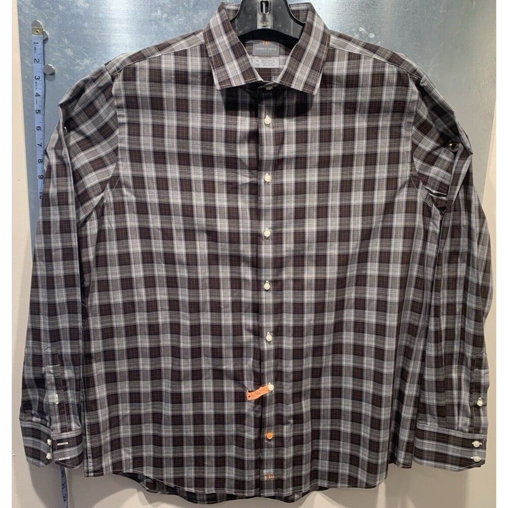 Thomas Dean Brown/Black/White Plaid Button Up XXL Long Sleeve 3 Button Cuffs